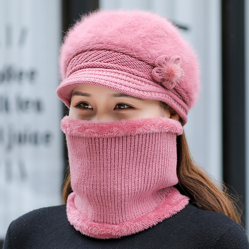 Nouvelles femmes chapeau d'hiver garder au chaud casquette ajouter du chapeau doublé de fourrure et écharpe ensemble chaud chapeau de mode pour les femmes décontracté fausse fourrure fleur tricoté chapeau