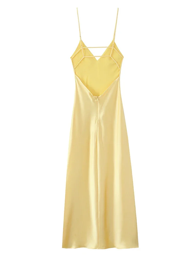 Robe élégante en Satin jaune, col en V, bretelles Spaghetti, Sexy, ample, épaules dénudées, sans manches, nouvelle collection, robes de soirée, Club ﻿