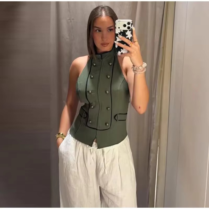 Haut pour femme Été 2026, élégant, soyeux, col licou, dos nu, sexy, unique, vert armée, style plage et soirée, pour les vacances