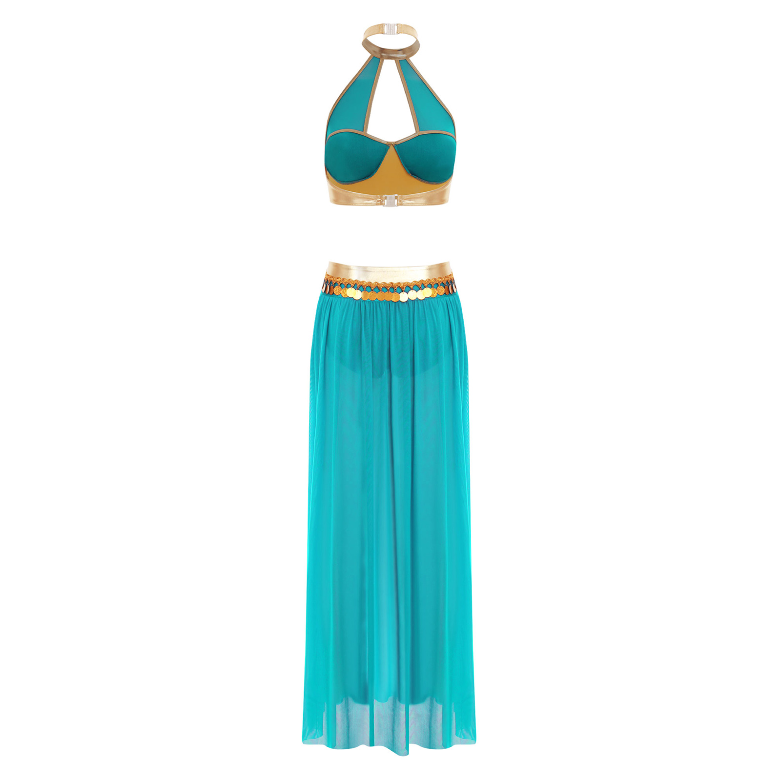 Costume de princesse arabe Sexy pour femmes, haut de soutien-gorge licou avec jupe Maxi fendue haute, tenue de danse du ventre