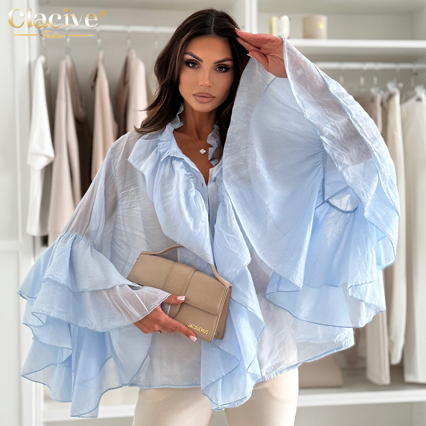 Chemisier blanc ample et élégant pour femme, col montant, manches longues, avec volants, style classique et tendance