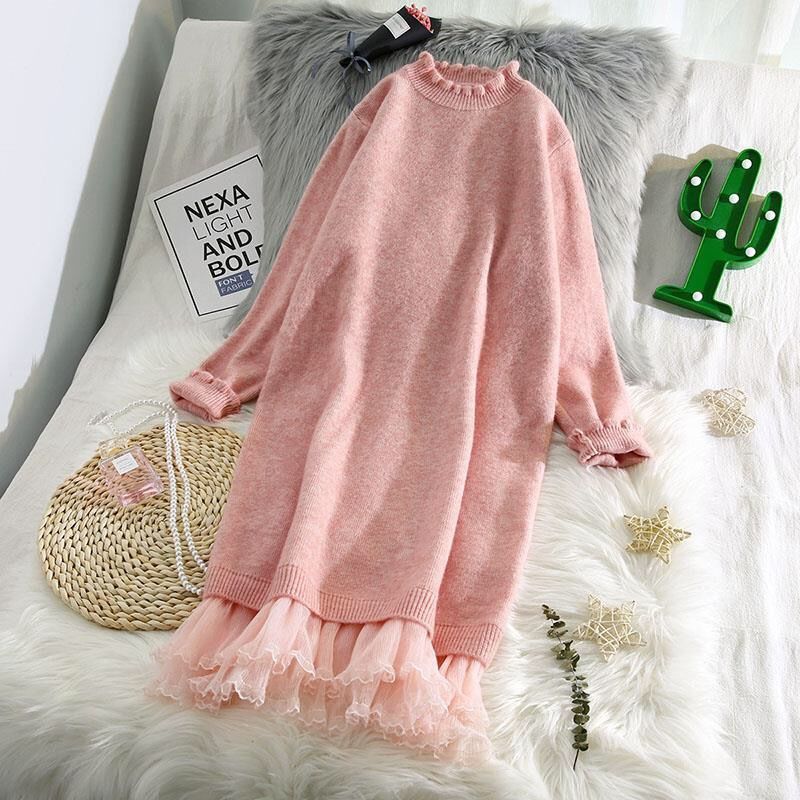 Robe pull en dentelle épissée pour femme, nouvelle collection automne-hiver 2026, style coréen, ample, longue, pull chaud en tricot pour femme