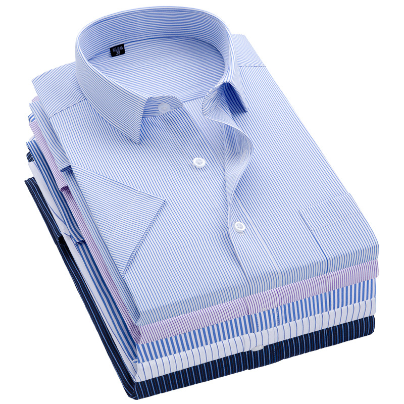 Chemise rayée à manches courtes pour hommes, col carré, coupe régulière sans repassage, poche anti-rides, chemises sociales pour hommes, été, S ~ 8XL