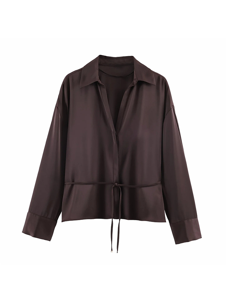 Chemisier en satin pour femme avec ceinture à nouer, col en V, manches longues, printemps-été, chemises simples pour femme, chemises et blouses élégantes pour femme