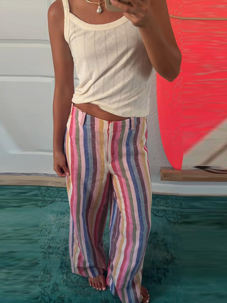 Pantalon large pour femme, style bohème, à rayures colorées et empiècements, taille haute, multicolore, coupe ajustée, pour soirée et streetwear