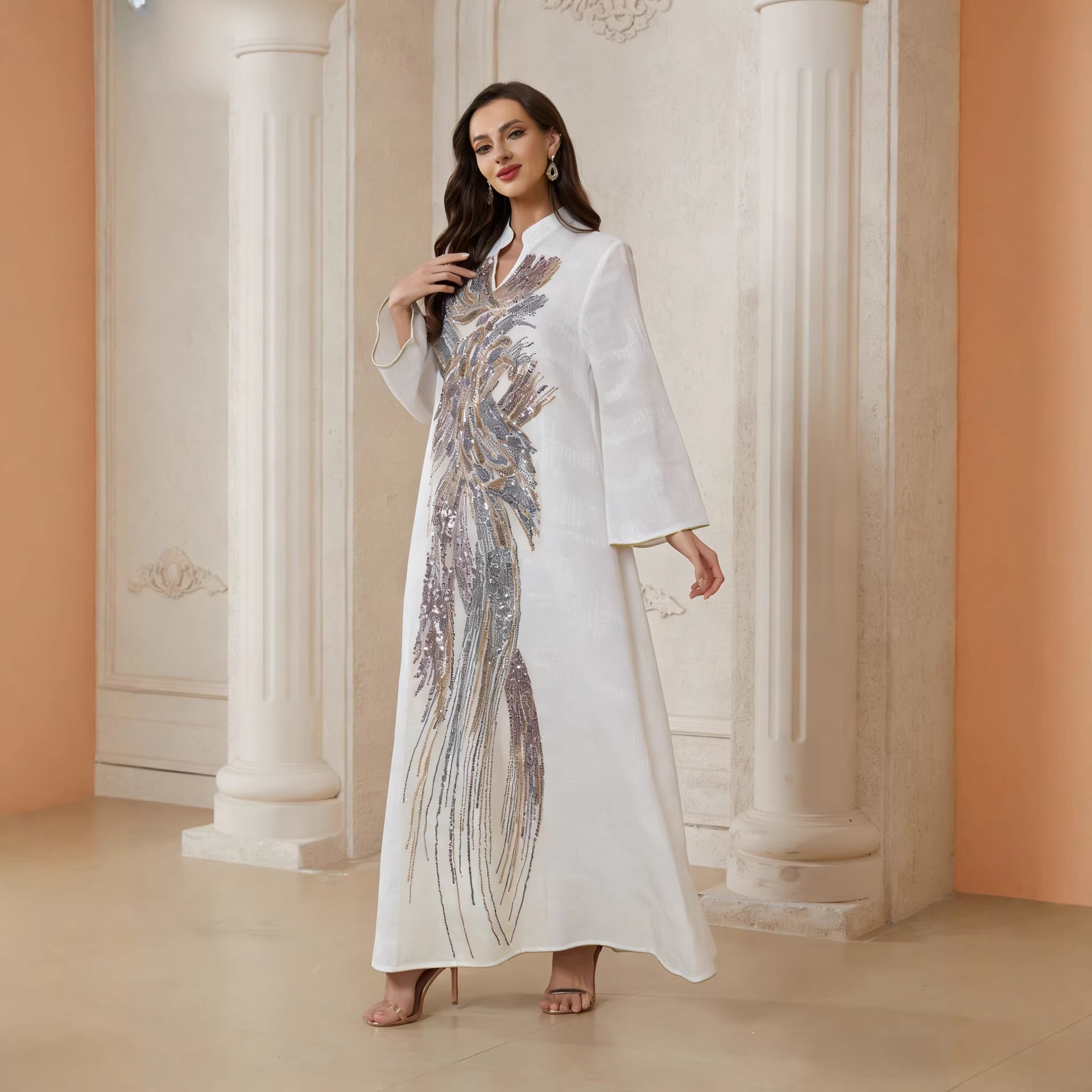 Robe Abaya pour femme, style Eid, en maille à sequins, longue, style Dubaï, Kaftan, Robe arabe, Caftan de fête, Jalabiya, Ramadan 2026