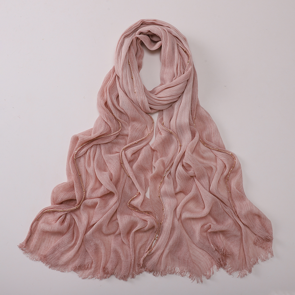Élégant foulard en rayonne plissé rétro avec chaîne dorée perlée, châle de Ramadan, turban doux pour femmes musulmanes