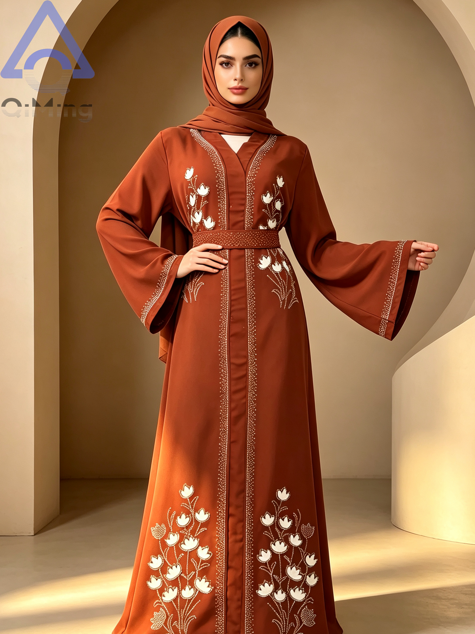 Abaya florale exquise en strass QiMing, Kaftan de Dubaï modeste, Maxi Jalabiya pour femme, Robe de soirée et de fête islamique à manches longues pour l'Aïd