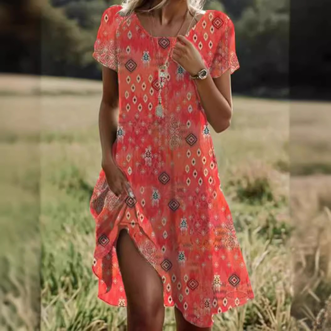 Robes ethniques pour femmes, manches courtes, col rond, mode d'été imprimée, vacances de rue, jupe mi-longue de plage