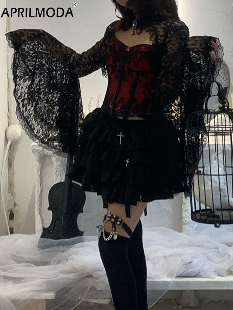 2025 dentelle manches évasées couverture enveloppes pour robes de soirée noir Steampunk Cosplay fête de vacances gothique haussements d'épaules Punk boléro Cardigan