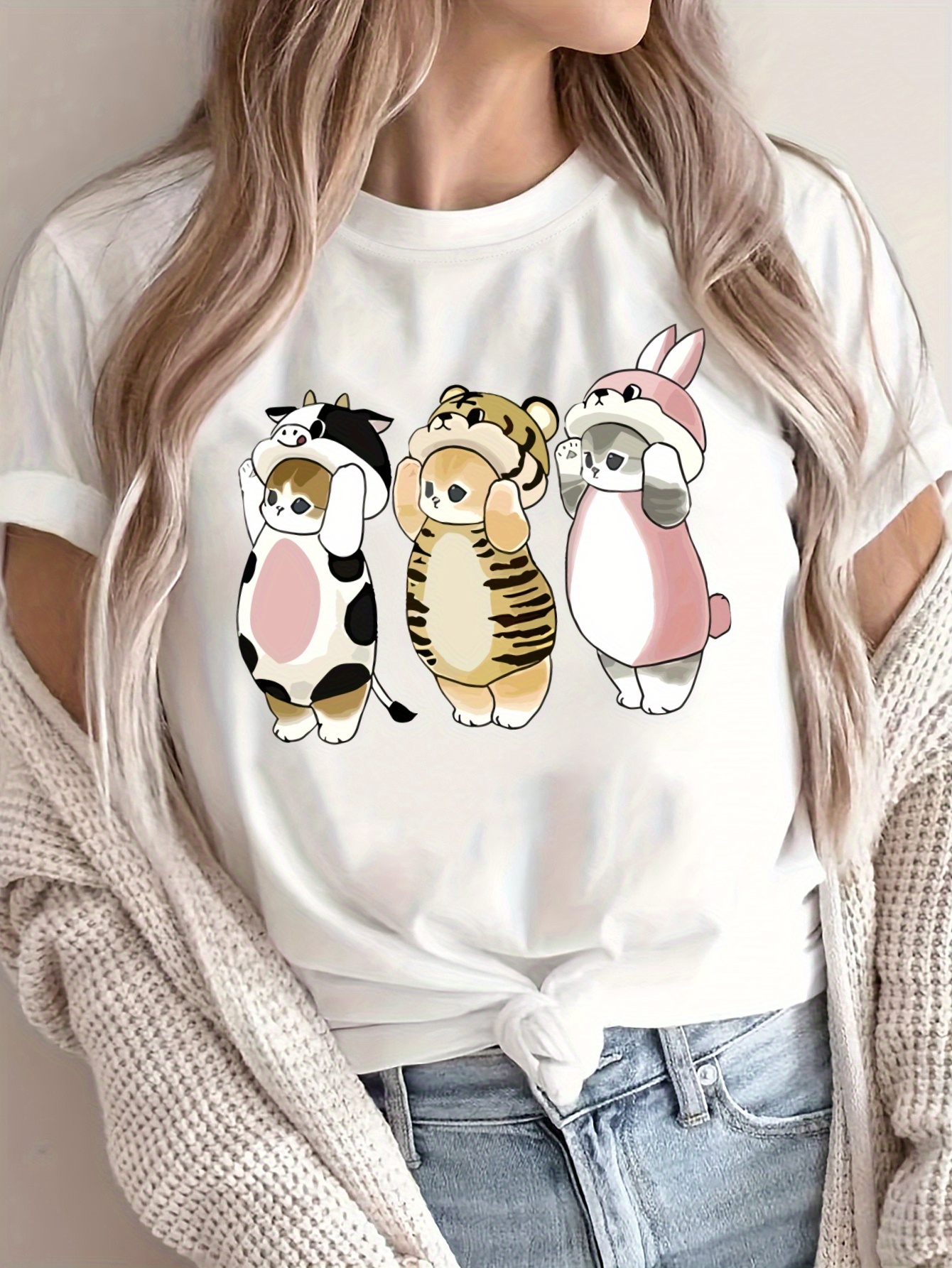 T-shirt à manches courtes imprimé animal de dessin animé mignon pour femme Design décontracté et sportif pour avec un adorable graphique chat chien lapin et ours