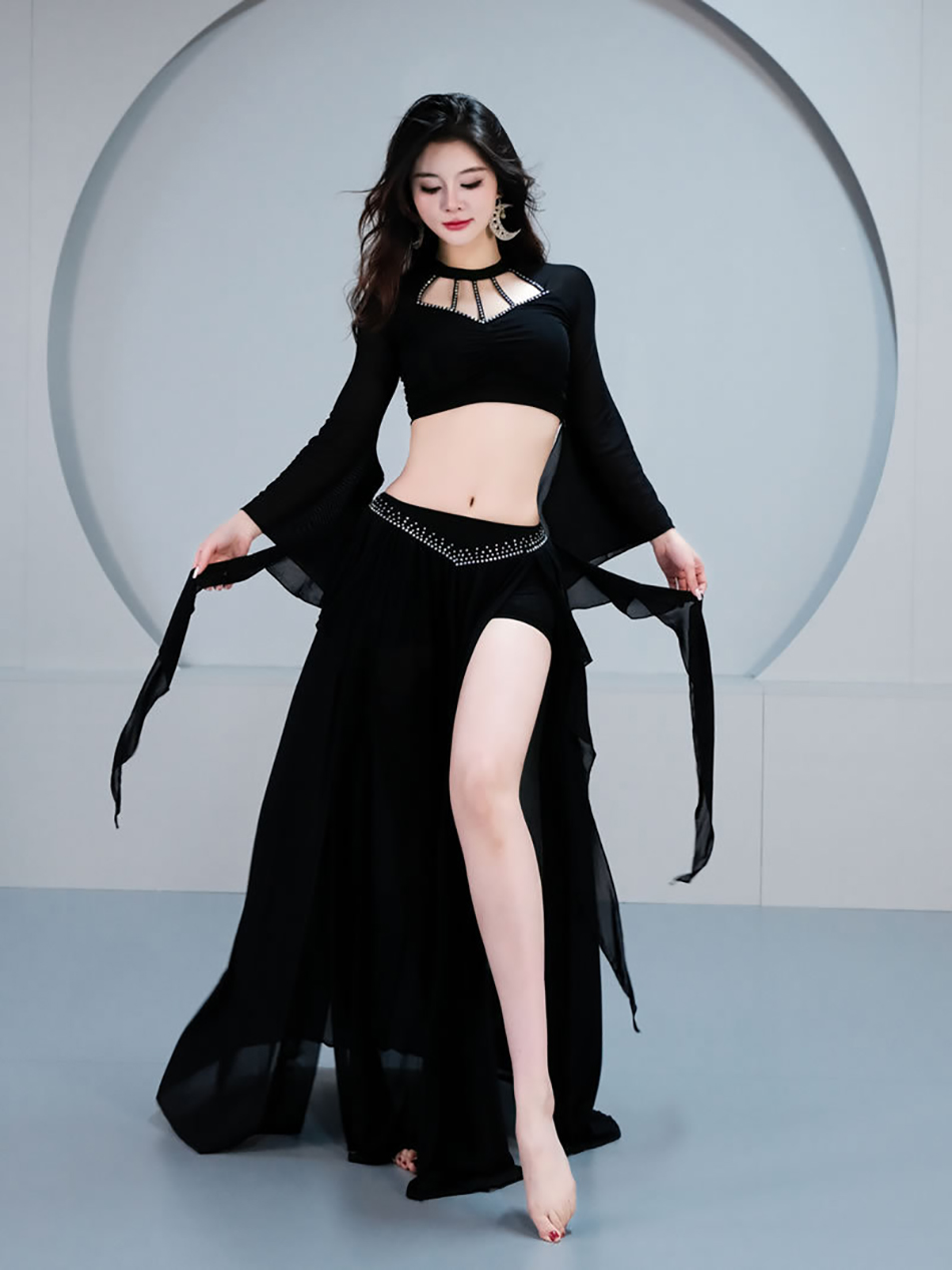 Ensemble de costumes de danse du ventre, haut + jupe en maille à manches longues, tenue pour femmes adultes, vêtements de spectacle sur scène, vêtements d'entraînement