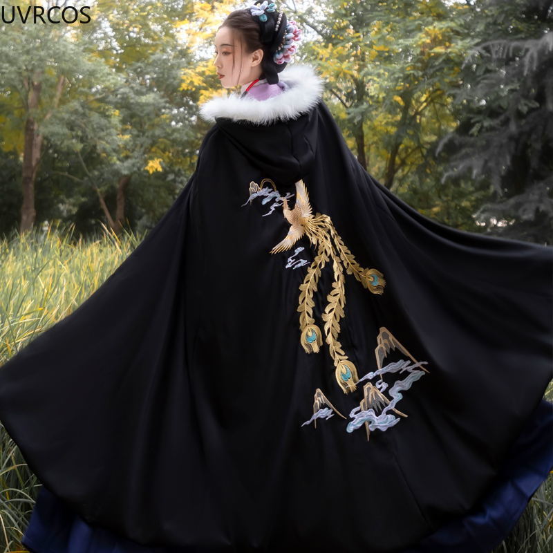 Cape Hanfu noire ancienne orientale pour femmes, Costume de princesse de Style chinois, manteau chaud à capuche brodé pour automne et hiver