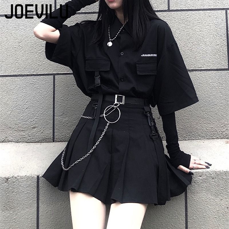 Ensemble jupe gothique pour femmes, chemise ample, Mini jupes plissées, ensemble 2 pièces, tenues décontractées rétro coréennes, costume esthétique Y2k, printemps été