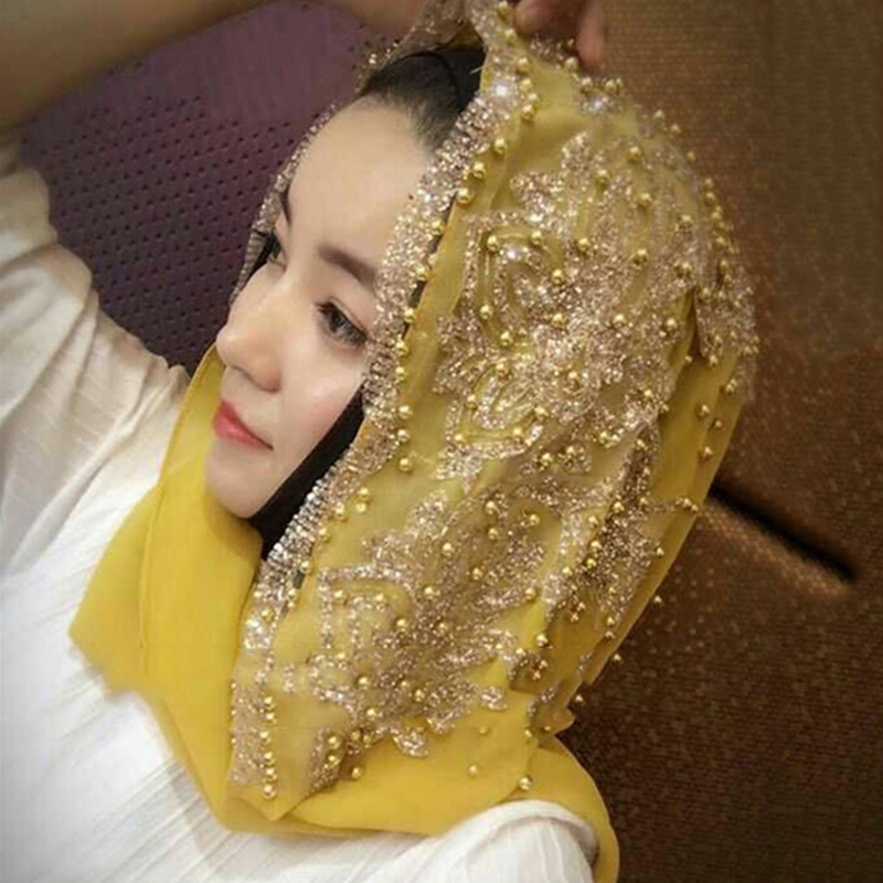 Mousseline de soie Hijab écharpe musulman islamique Hijabs foulards pour femme longs couvre-chef avec perle foulard châle enveloppement prière Turbante