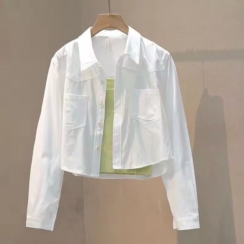 Mode femmes lâche recadrée Blouses courtes 2025 nouveau printemps été à manches longues mince manteaux décontractés femme coréenne haut Blouse