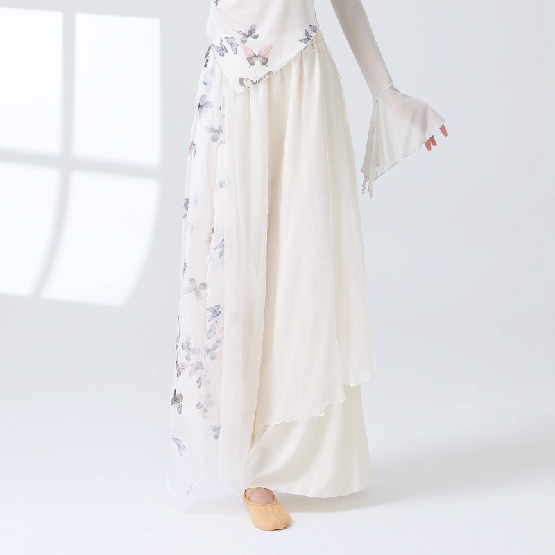Pantalon de danse 2 couches pour femmes, jupe-culotte en mousseline de soie imprimée, jupe fluide, ample, jambes larges, moderne, Hanfu, vêtements d'entraînement élégants