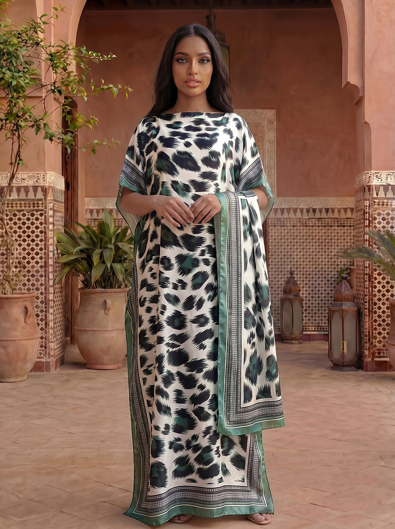 Ensemble Abaya et Foulard en Satin Imprimé Léopard Bohème, Kaftan Maxi Ample à Manches Chauve-Souris pour Femmes Musulmanes Africaines, Idéal pour les Vacances, la Plage et le Quotidien