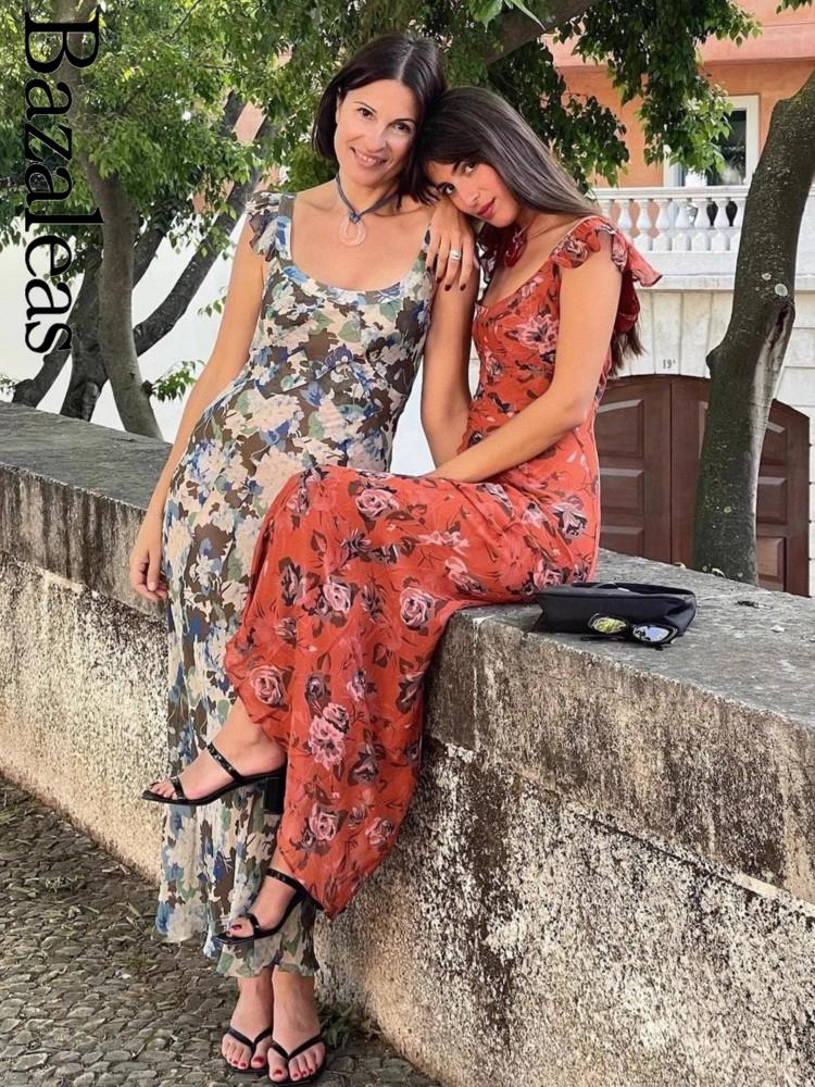 Bazaleas-Robe mi-longue à volants en mousseline de soie pour femmes, manches cape, imprimé floral rouge, vêtements d'été élégants, 2021