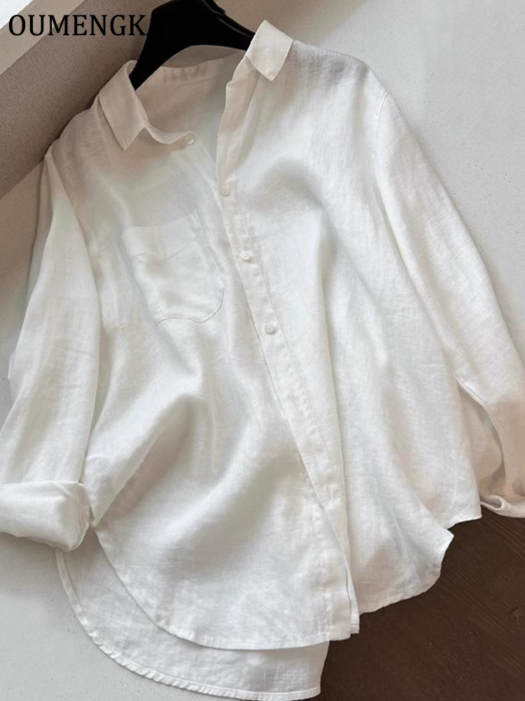 Chemisier ample minimaliste pour femme, en coton et lin fin, blanc, à manches longues, col rabattu, facile à porter, idéal pour l'été