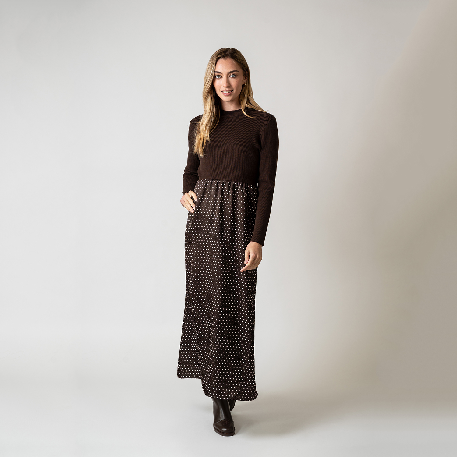 Robe patchwork en satin à pois et tricot pour femmes AP AW26