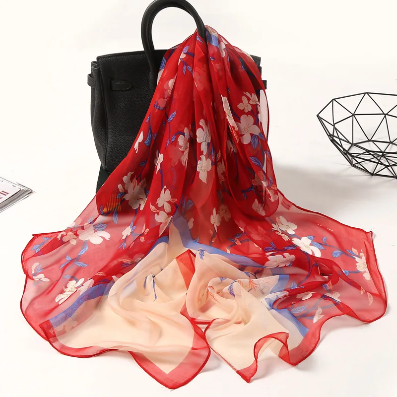 Injplanchers ves-Foulard en mousseline de soie pour femme, châle fin, hijab, imprimé floral, bandana, protection solaire, long cou