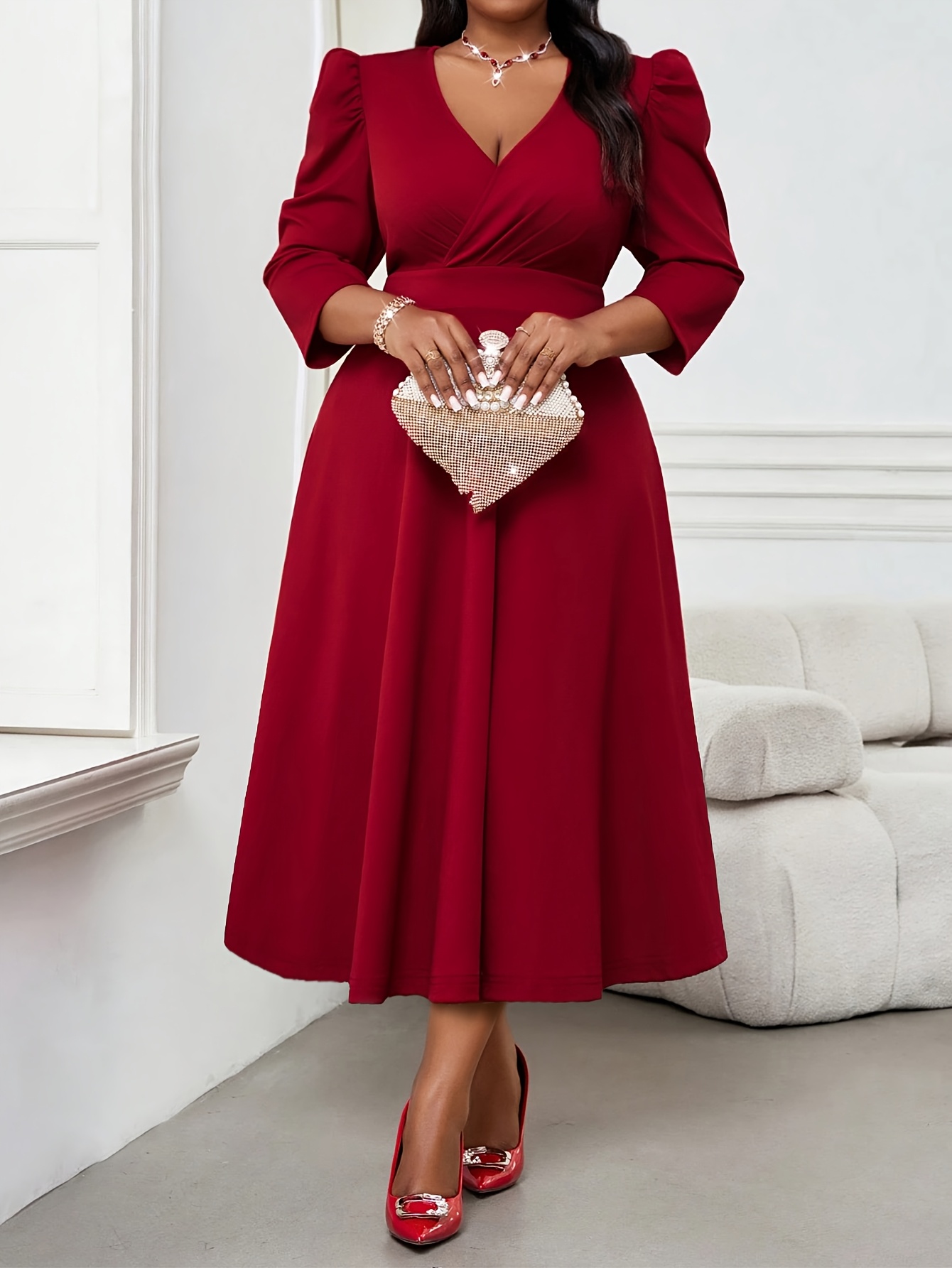 Robe longue élégante rouge grande taille pour femme 2026, manches 3/4, taille haute, coupe trapèze, automne-printemps, pour le bureau ou les soirées