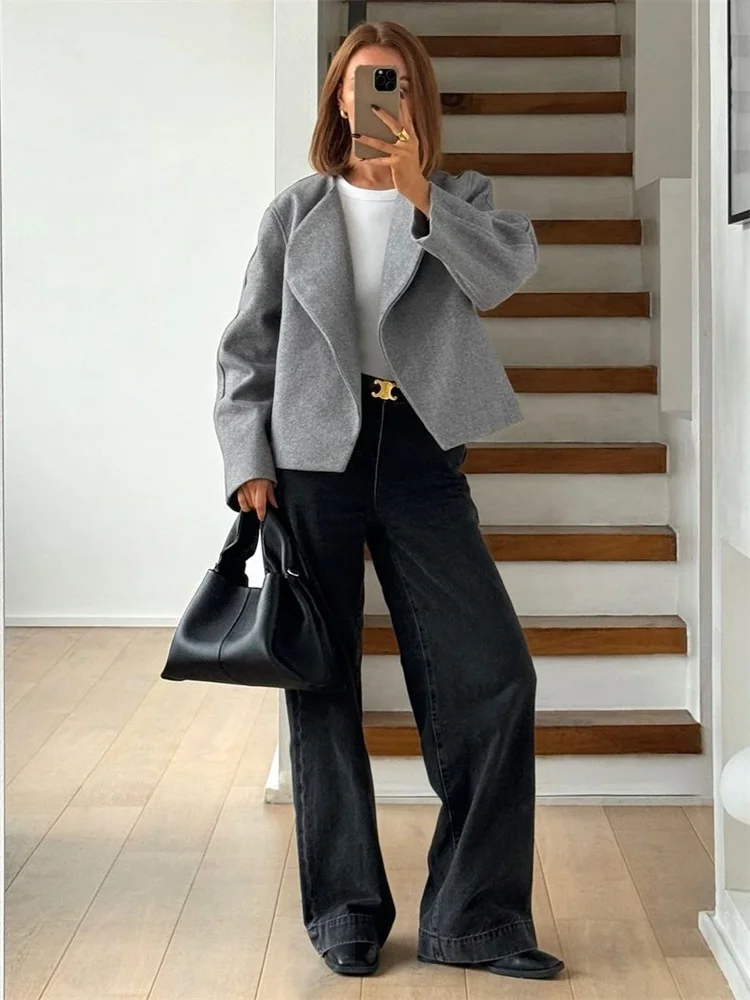 Manteaux courts en laine grise pour femme, veste courte élégante à revers, manches longues, mode dame, vêtements d'extérieur de rue, automne