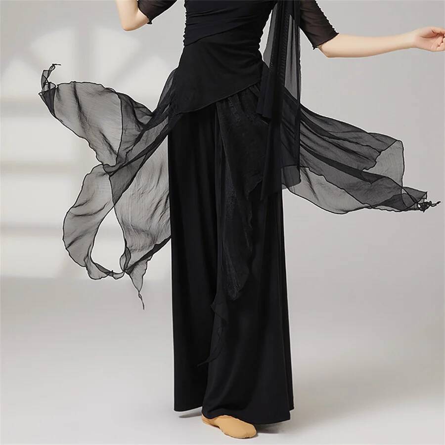 Pantalon de danse classique pour femme, en polyester, coupe large, taille irrégulière, élégant, avec voile, costume de danse moderne, pantalon de danse pour adulte
