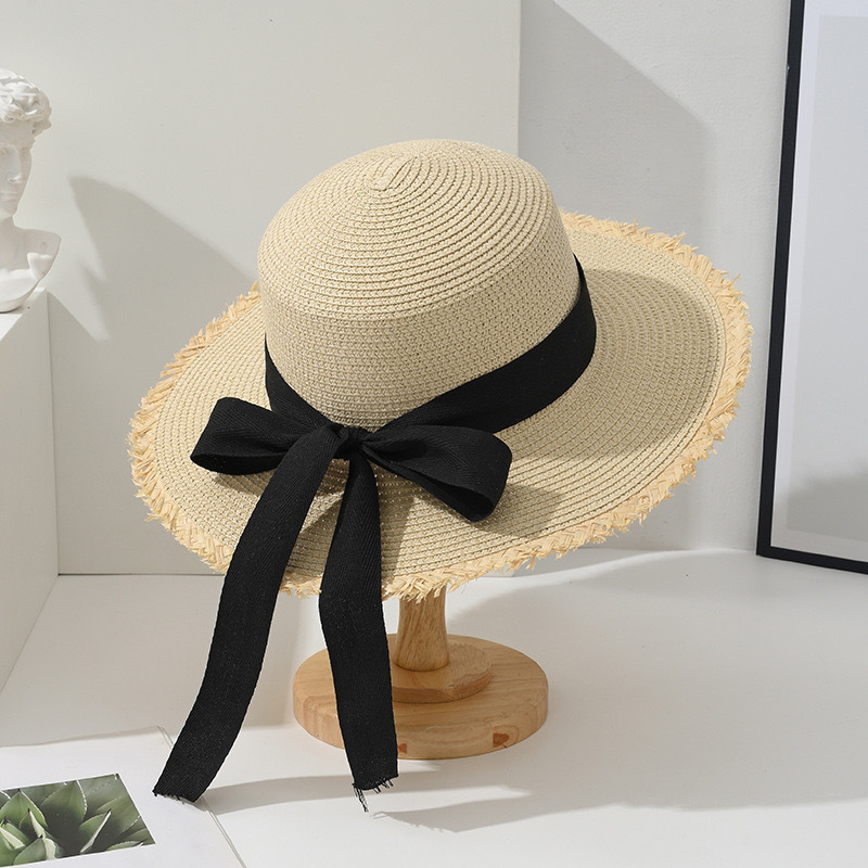 Chapeau de plage japonais tout bord poilu casquette de paille femme été plat haut sortie chapeau de soleil petit nœud frais pare-soleil chapeau de plage