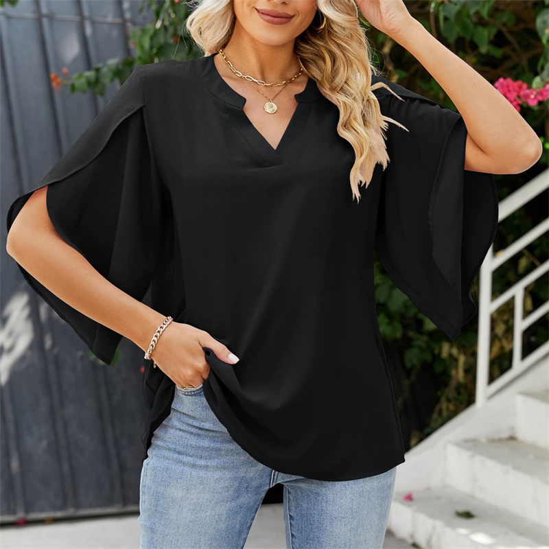 Femmes été Style chemisiers en mousseline de soie chemises dame décontracté manches courtes évasées col en v Blouse ample hauts