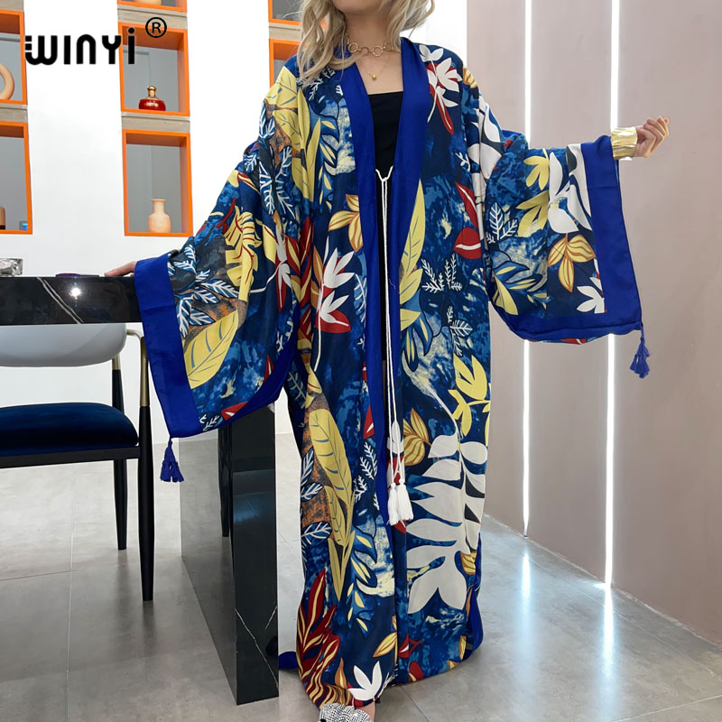 Robe kimono longue rose pour femmes, imprimé Boho, avec ceinture frontale, ouverte, tunique de plage, robes rondes
