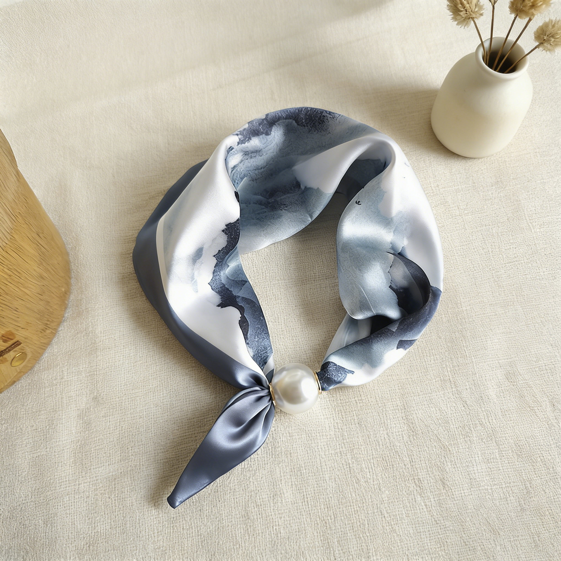 Écharpe de luxe pour femme en soie fine, avec pendentif magnétique, chaîne de clavicule à boucle, perle, bandeau décontracté, foulard, bandeaux pour cheveux Femme