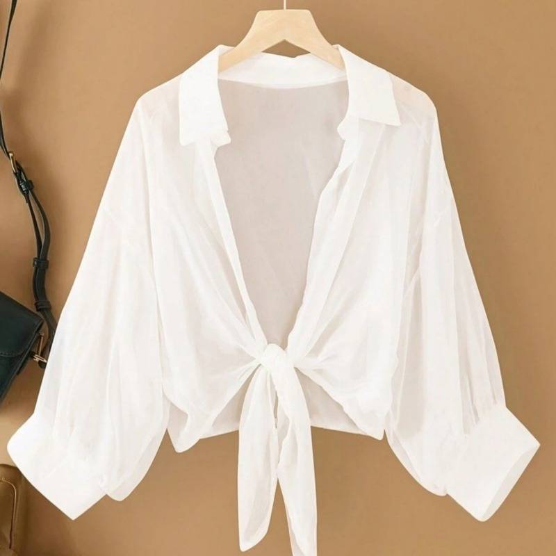 Nouveau chemisier femme |   Léger et transparent, revers avec cravate, couleur unie, manches longues, chemise d'extérieur pour protection solaire