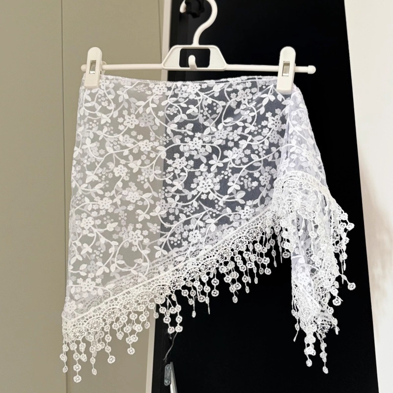 Foulard coréen à bordure en dentelle, ceinture multifonctionnelle à franges, bandana triangulaire, foulard blanc, accessoire pour jupe en jean de style français