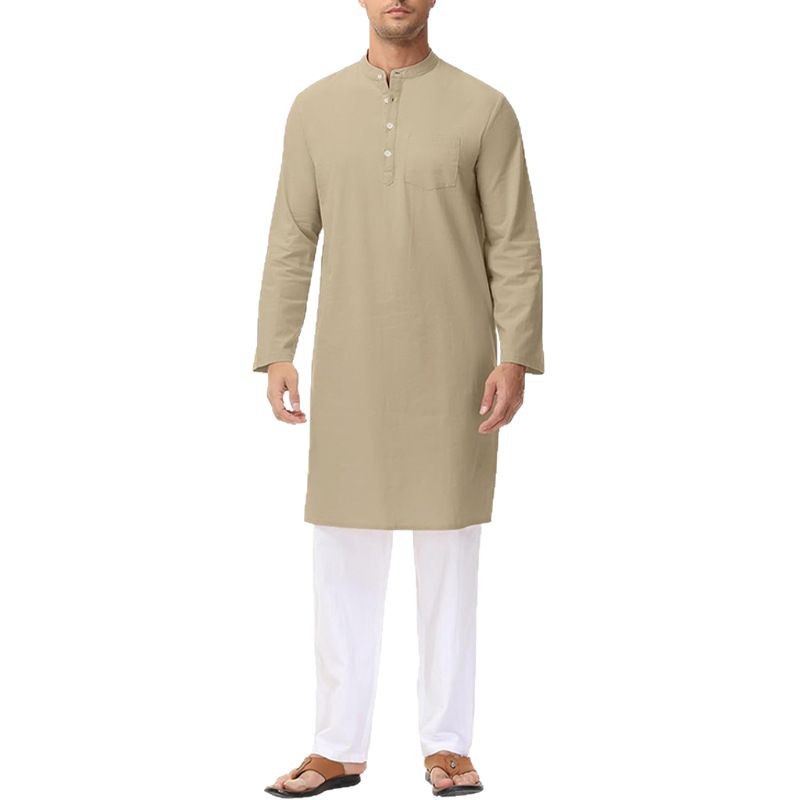 Nouveau loisirs hommes chemise musulmane islamique arabe coton col montant à manches longues Blouse pakistanaise haute qualité rétro longs hauts S-3XL