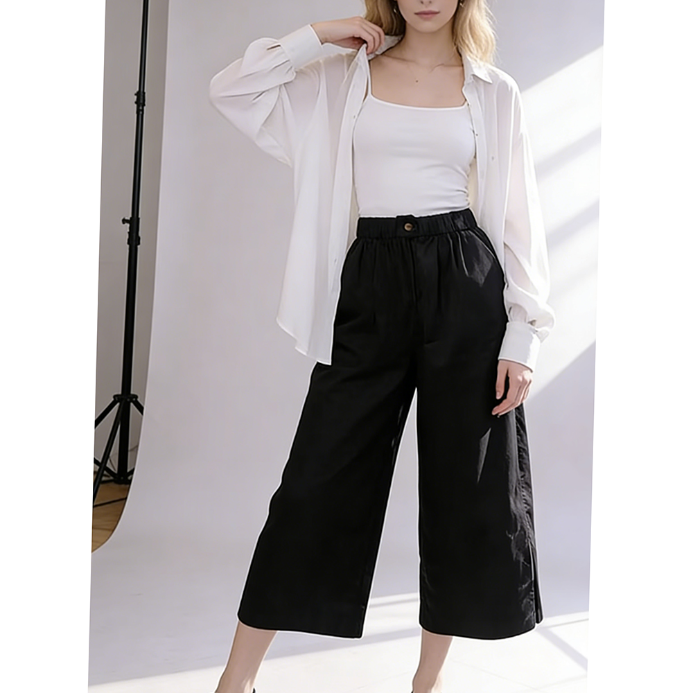 Pantalon large noir pour femme, décontracté et tendance, longueur cheville, avec poches, style 2026