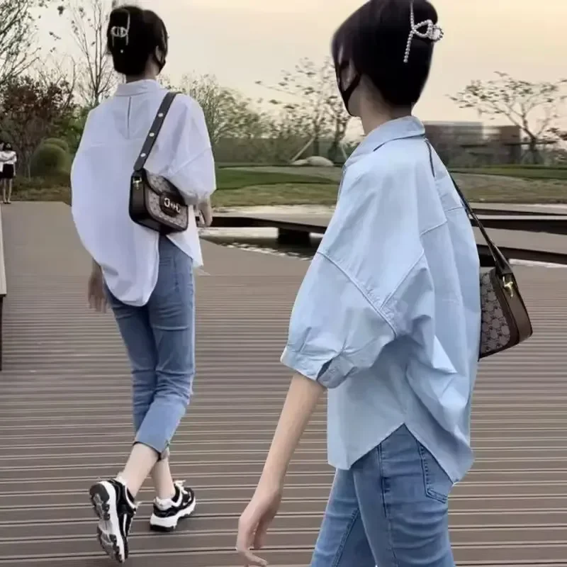 Femmes Blouses élégant Streetwear bureau décontracté ample boutonné blanc bleu à manches longues Vintage surdimensionné chemise hauts