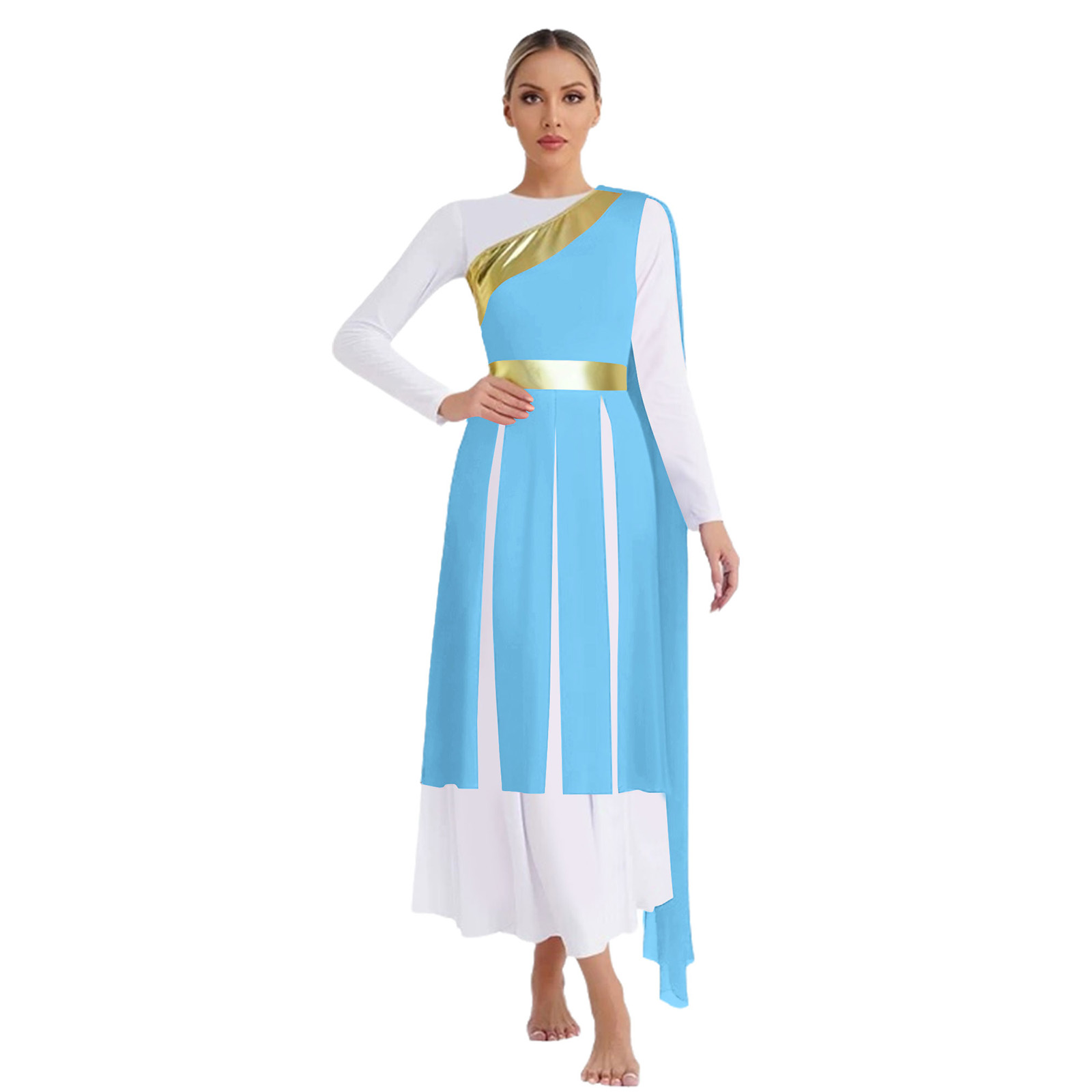 Costume de spectacles de danse de Ballet pour femmes, robe tunique asymétrique épaule dénudée avec drapé, ourlet fendu métallique brillant
