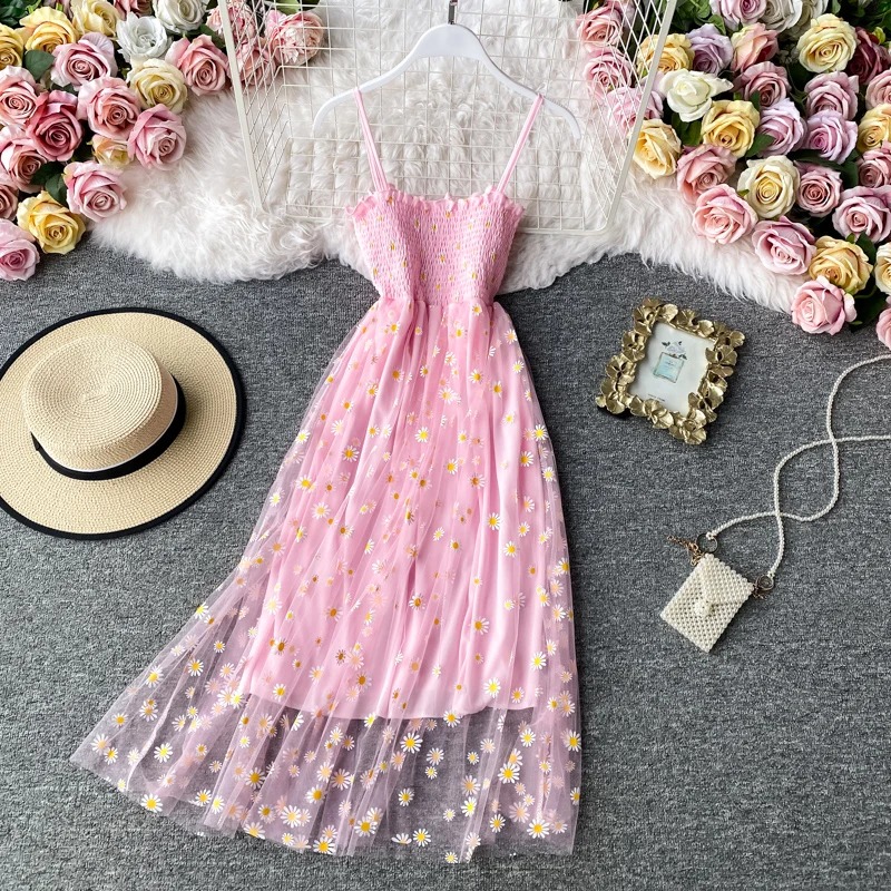 Robes à imprimé floral pour femmes, robe en maille de dentelle, robe à bretelles spaghetti, soirée de fête, coréen Kawaii, éducatif, été, sexy
