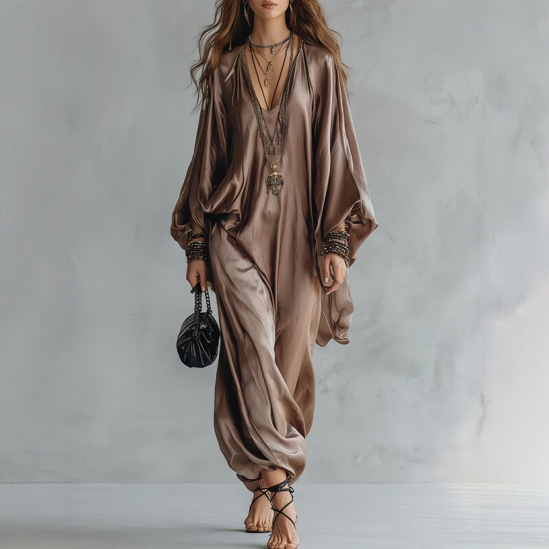 Robe longue en satin pour femme, col en V, manches chauve-souris, coupe ample, style kaftan bohème, élégante, pour les vacances, les soirées, la mode automne, grandes tailles