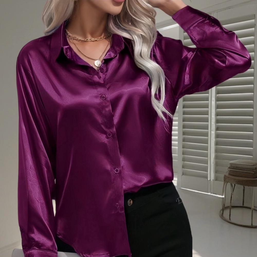    Femmes printemps été Blouses et chemises élégant Satin fausse soie à manches longues chemise décontractée hauts simple boutonnage hauts basiques