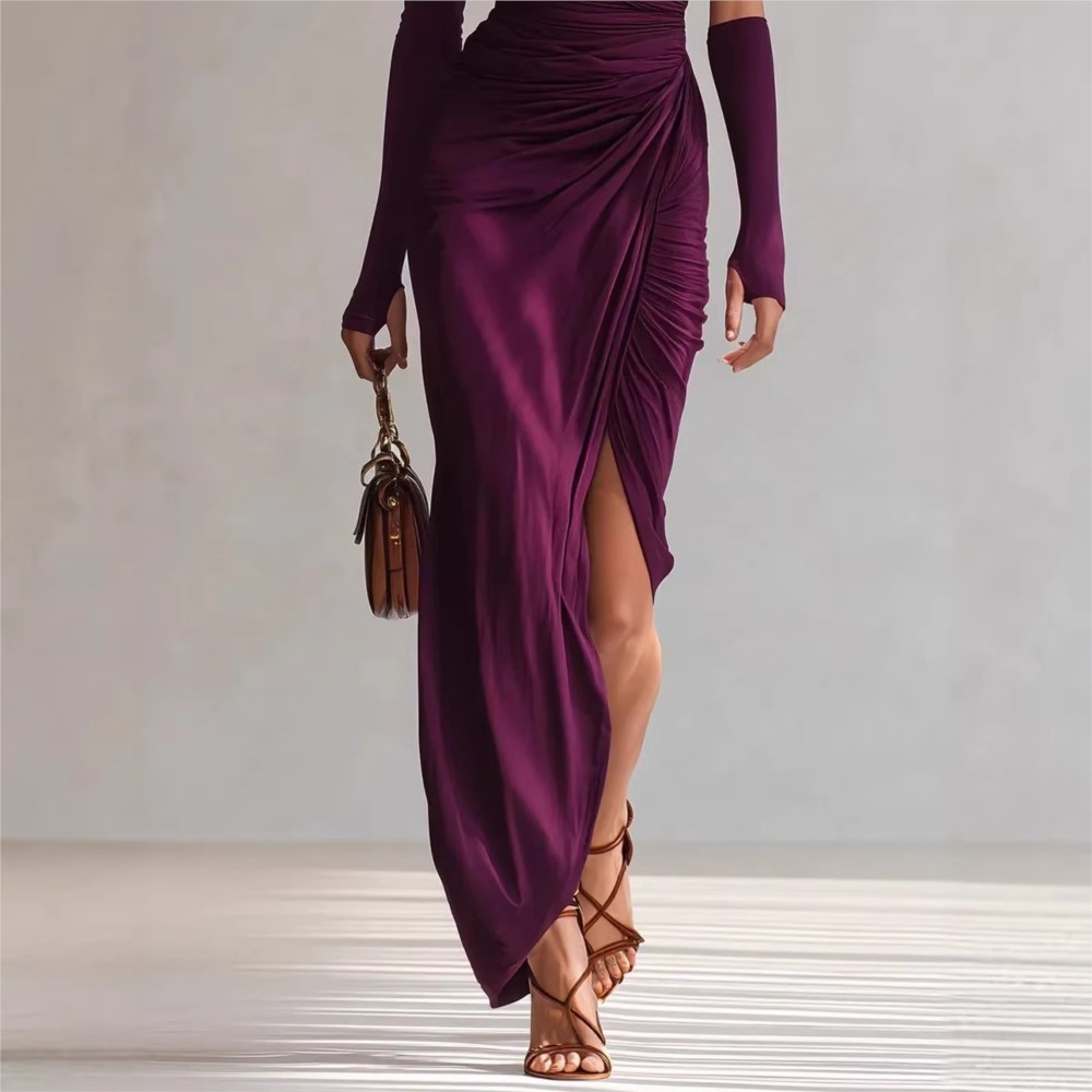 Robe de soirée élégante Printemps-Automne, couleur unie, coupe ajustée, style tendance, épaule asymétrique, taille plissée, longue, qui recouvre les hanches