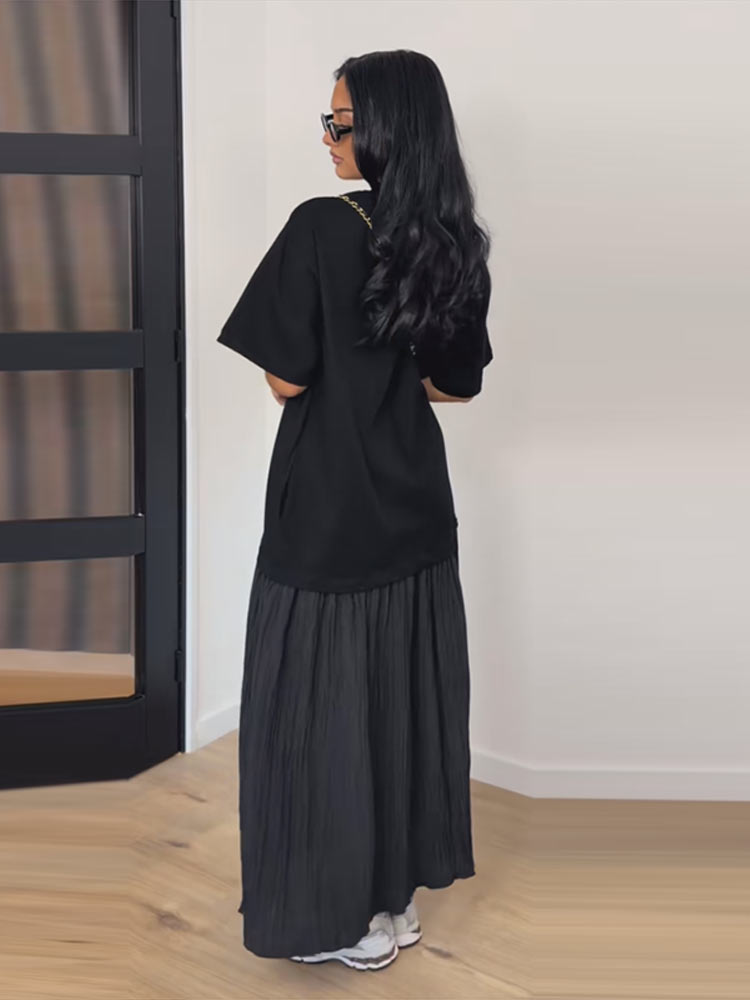 Robes de soirée pour femmes, manches courtes, patchwork, plissées, longues, col rond, coupe ample, tenue de soirée chic, Vestido