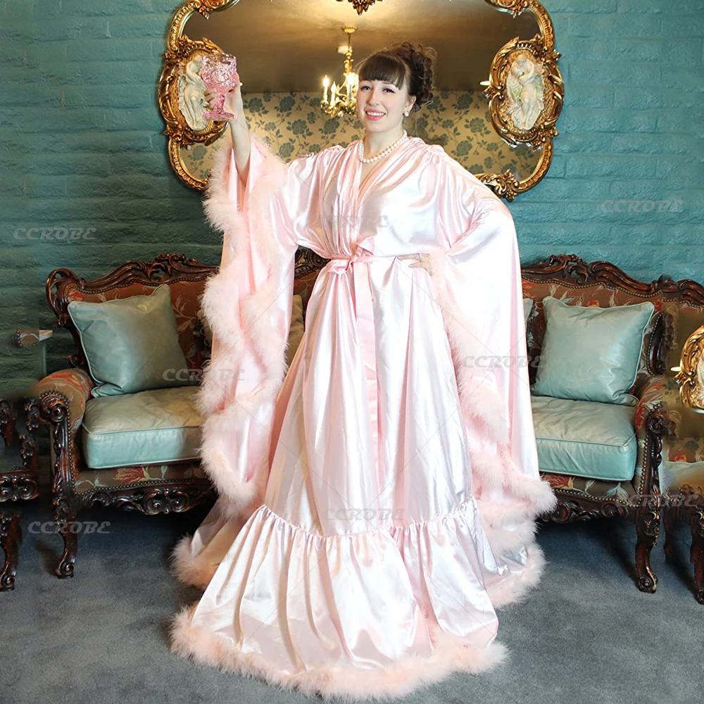 Peignoir pour femmes manches évasées plume Robe de mariée chemise de nuit Illusion de soie longue écharpe de mariage Robe de chambre Robe de photographie