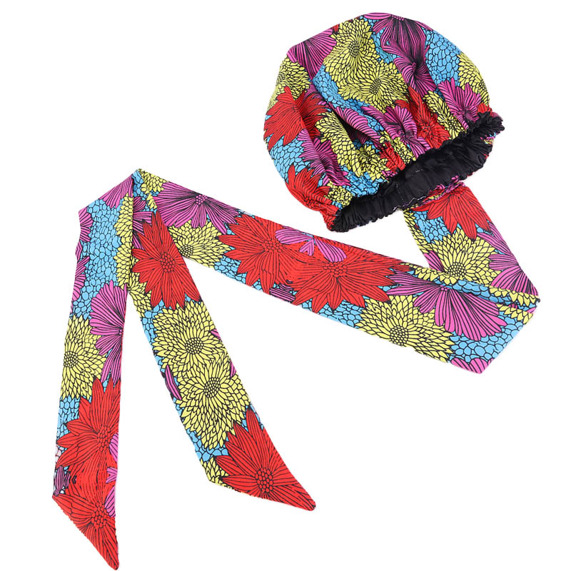 Bonnet de Nuit en Satin Imprimé à Motif Africain pour Femme, Long Ruban, Écharpe de Sauna Double Couche, Grande Taille, Couverture de Cheveux pour Adulte
