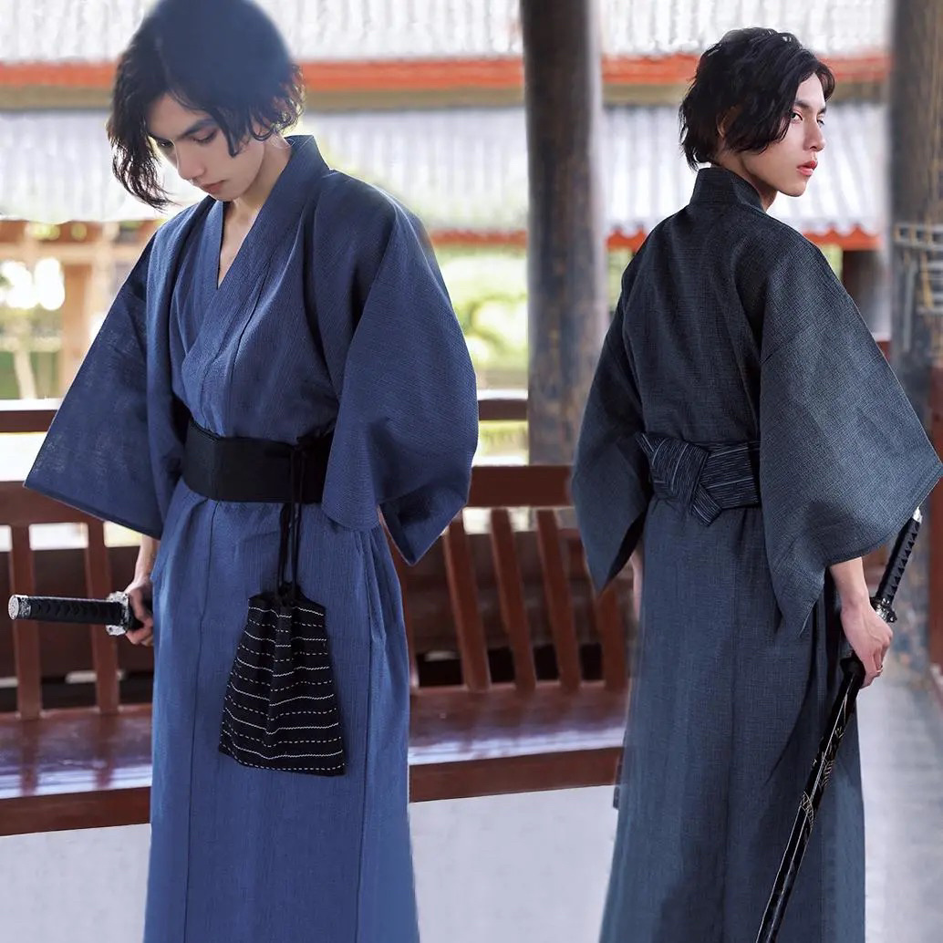 KIMONO – ensemble pyjama traditionnel japonais YUKATA pour hommes, longues Robes d'été avec ceinture, 95% coton, vêtements de nuit, peignoir