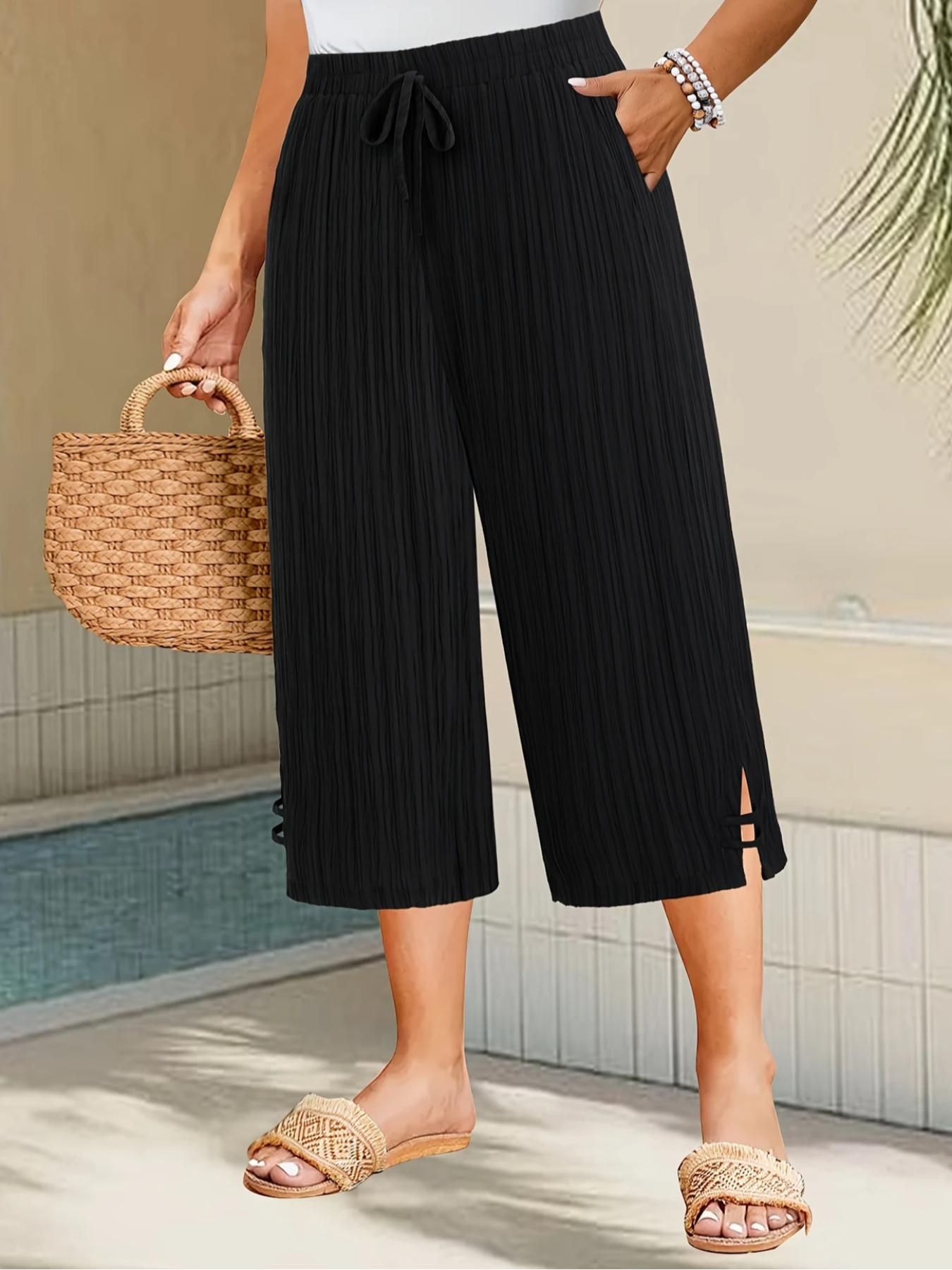 Pantalon femme grande taille mode d'été rayures Texture taille naturelle cheville jambe large pantalon quotidien