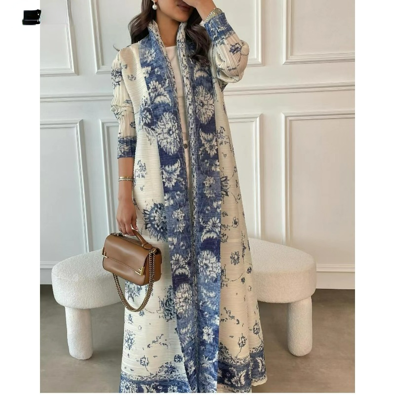 Abaya-Robe longue plissée pour femmes saoudiennes, robe de vacances, veste, péplum, blanc, imprimé haut de gamme, tempérament, décontracté, élégant, mode