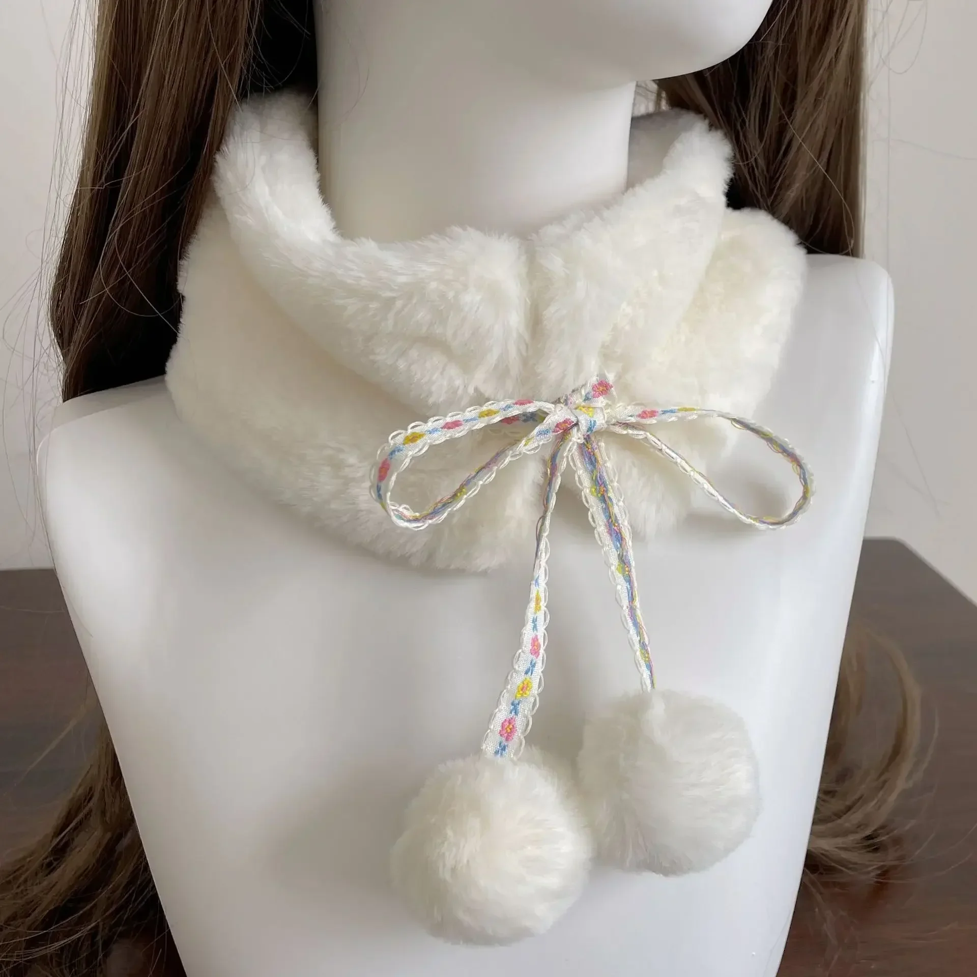 Écharpe de col de cheveux boule de cheveux japonaise Kawaii, épaisse, chaude et mignonne, Imitation fourrure de lapin en peluche, corde à cravate, écharpe Y2k, hiver